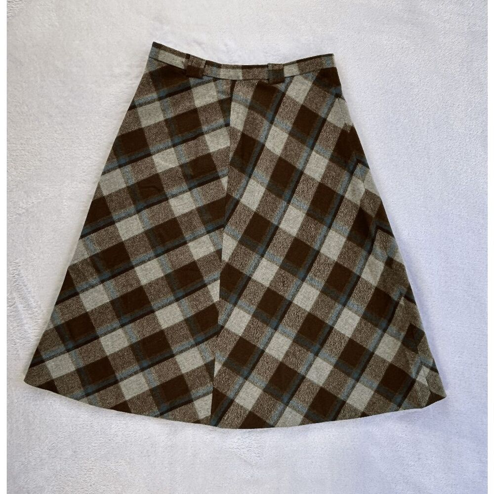 Vintage 1960s Brown/Gray Plaid Below Knee A Line Skirt, Size 12/ Waist 26, Retro